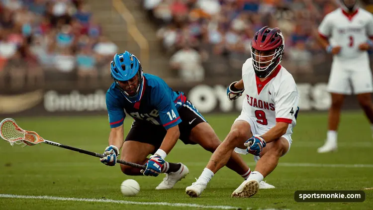 Two lacrosse players battling low to scoop a loose ground ball off the turf during a game