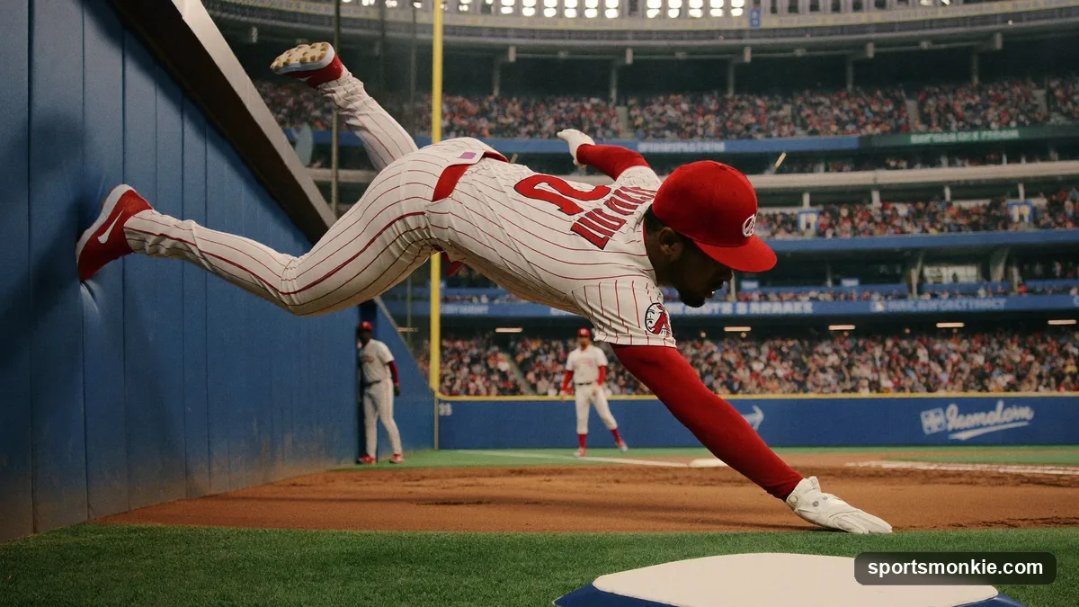 A baseball bouncing over the outfield wall as an outfielder reaches for it
