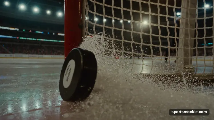 A hockey player celebrating three goals as fans throw hats onto the ice for a hat trick