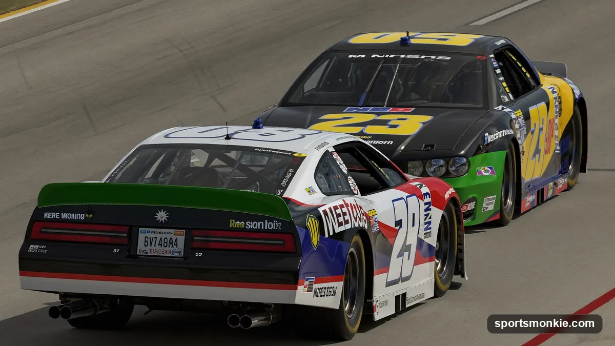 A NASCAR car rejoining the lead lap behind the pace car during a caution