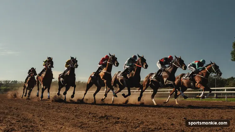 Thoroughbred racehorses breaking from the starting gate in a maiden race
