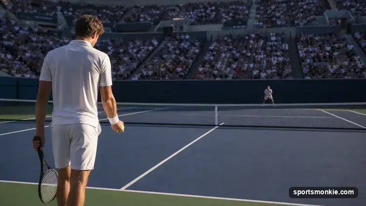 A tennis player about to serve at match point, visible tension on court