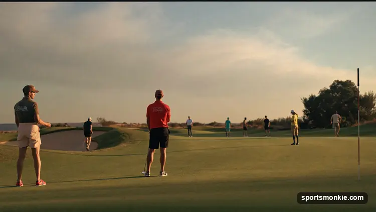 Golfers on an accessible public golf course with a simple clubhouse in the background
