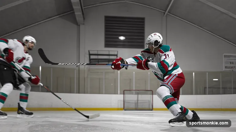 A hockey player firing a one-timer off a cross-ice pass on the power play