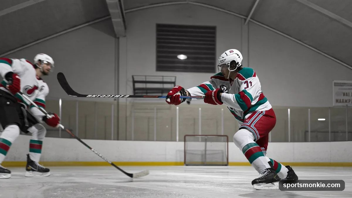 A hockey player firing a one-timer off a cross-ice pass on the power play