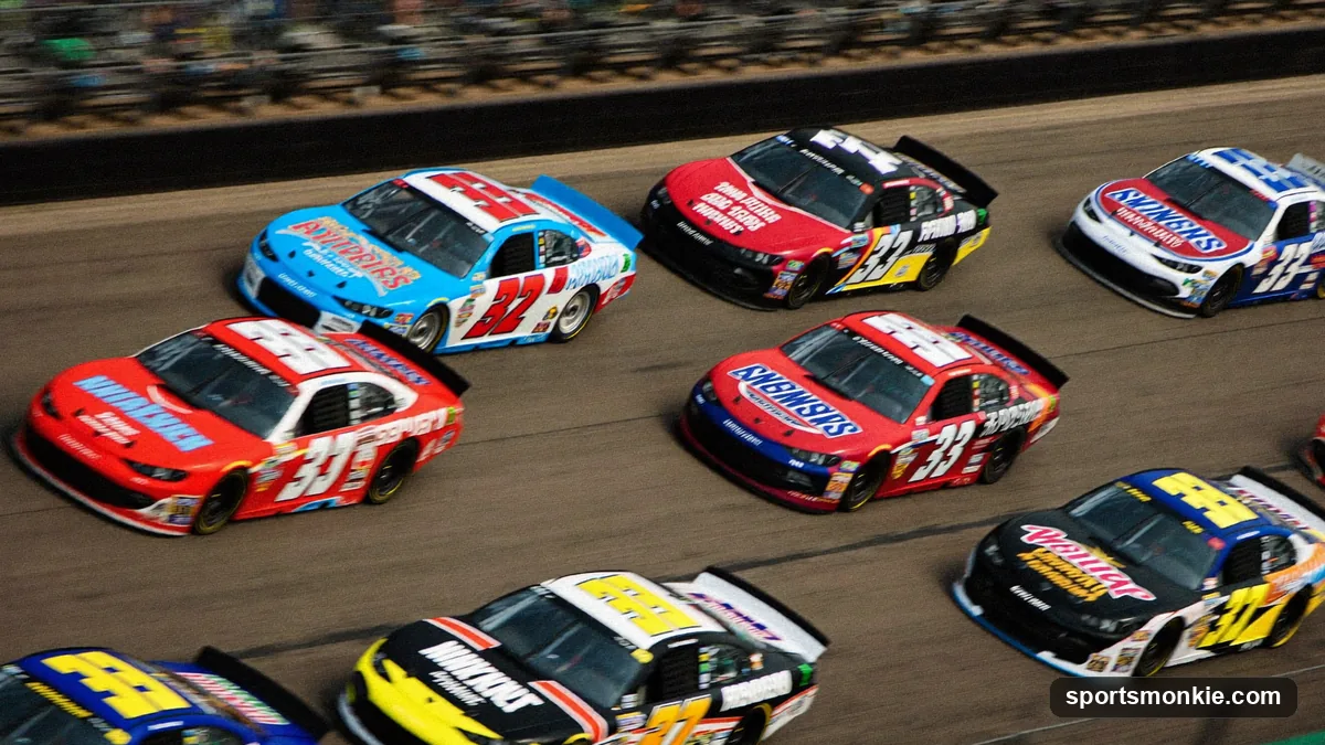 NASCAR stock cars racing in a tight pack at a superspeedway