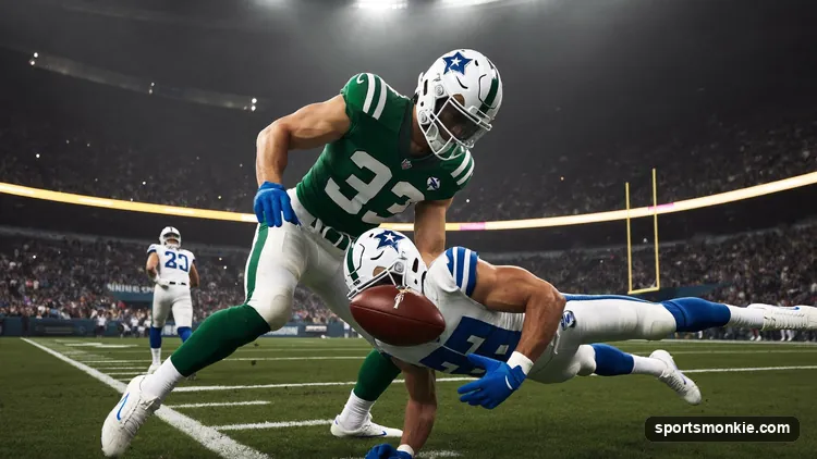 NFL defender tackling the quarterback behind the line of scrimmage for a sack