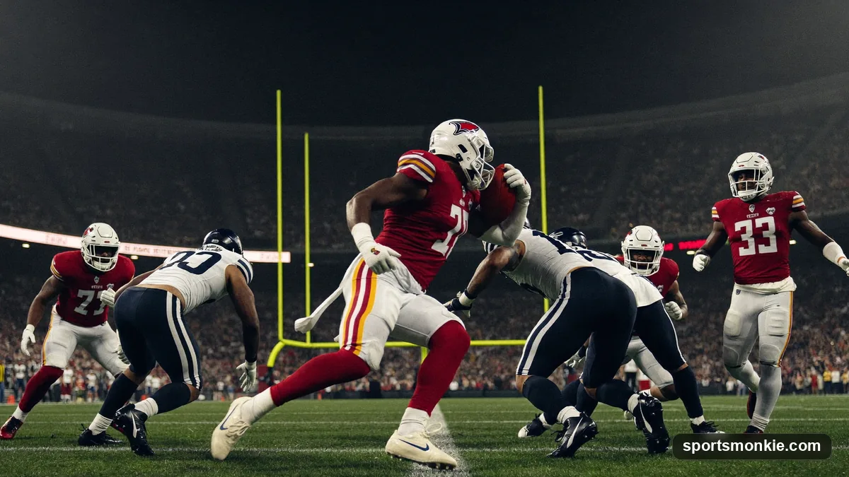 American football running back tackled inside his own end zone as defenders converge
