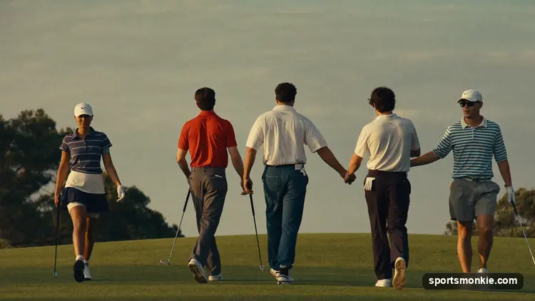 Golf shamble format diagram showing four tee shots, one chosen drive, then individual play