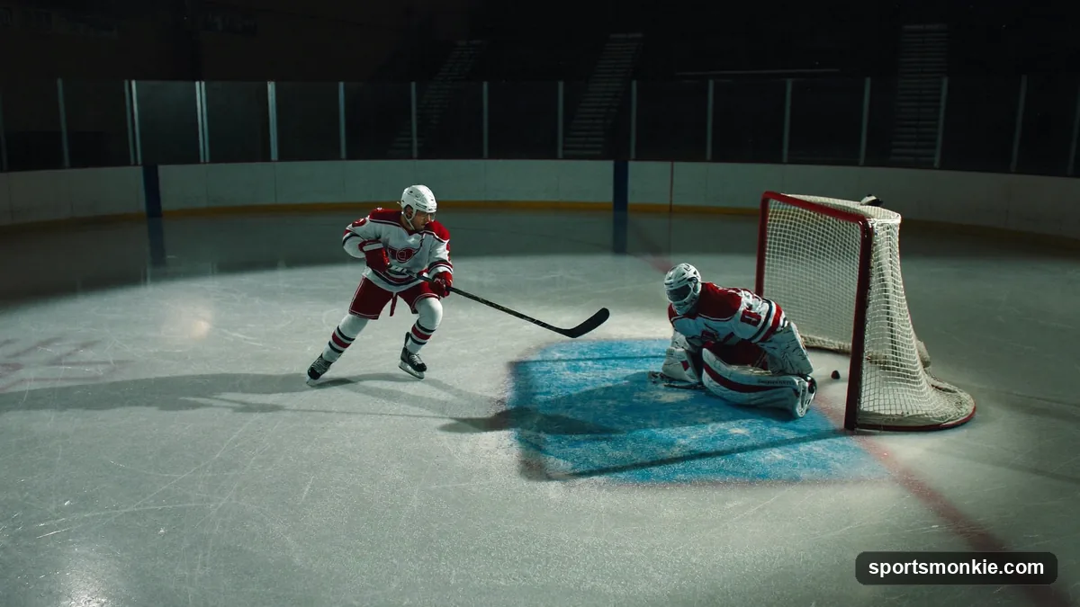 A hockey player skating in alone on the goalie during a shootout attempt
