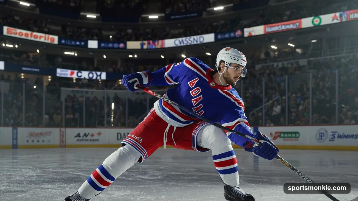 Hockey defenseman winding up for a slap shot with the stick raised above shoulder height at the blue line