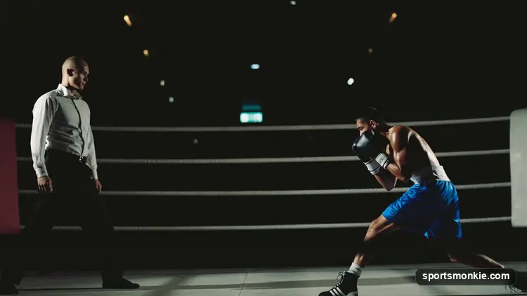 Boxer in a left-handed stance in a dim gym, dramatic side light, focus on the guard
