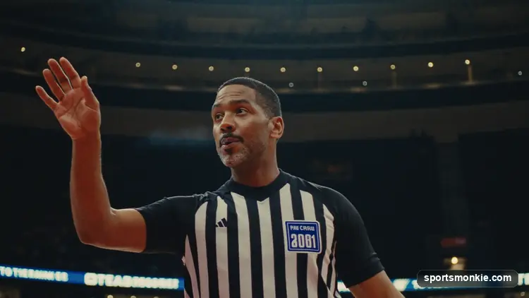 Basketball referee signalling with a whistle on court under arena lights