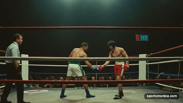 Ringside judges scoring a boxing match with scorecards under the lights