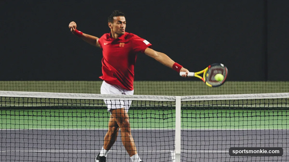 Tennis player at the net punching a forehand volley with a continental grip and short backswing