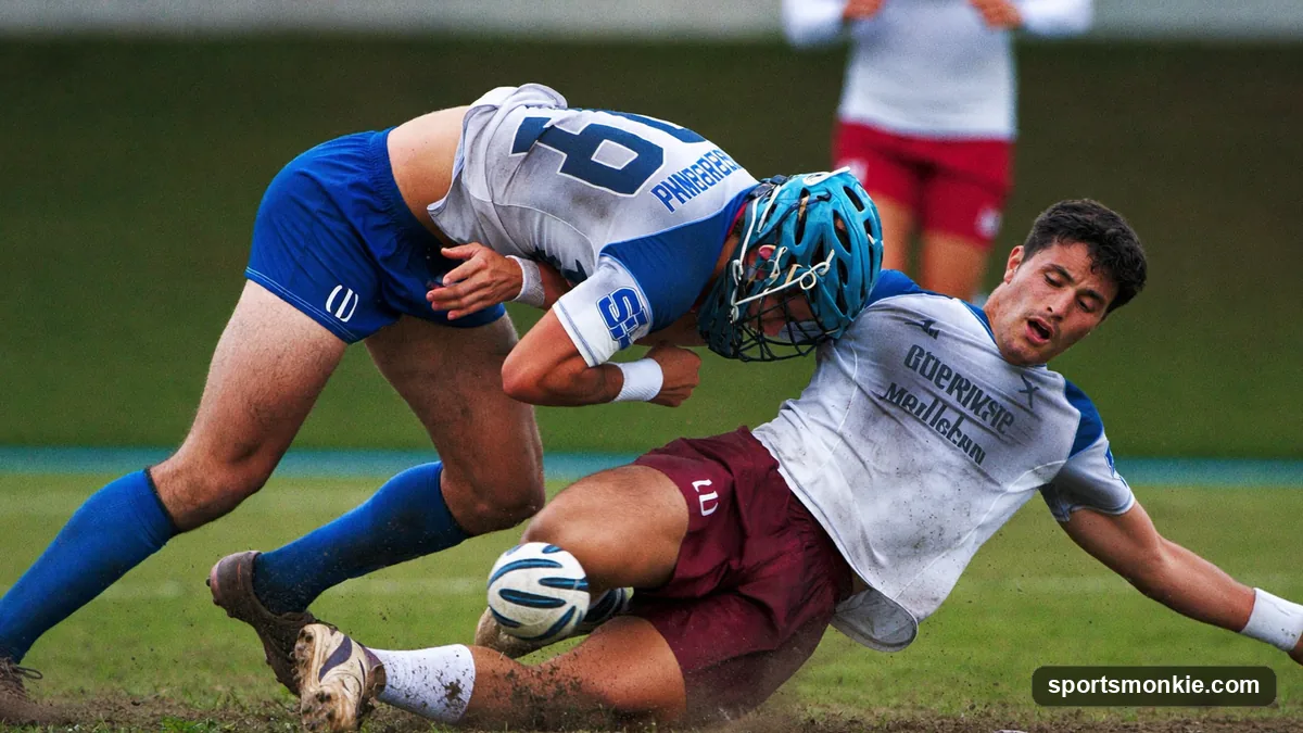A lacrosse player's stick and gloves scattered on the field after a big hit