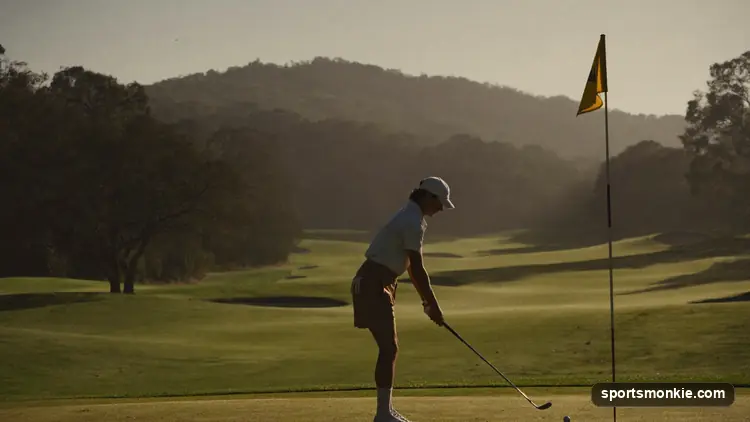 Amateur golfer lining up a shot on a fairway with no tournament sponsorship on display