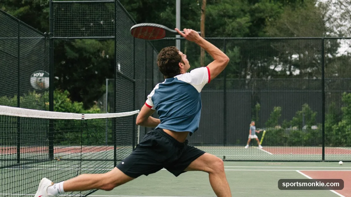 A pickleball player jumping around the side of the kitchen to hit an erne volley at the net
