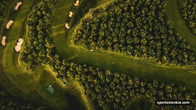 Aerial view of a compact golf course with short holes, tree-lined fairways and small greens