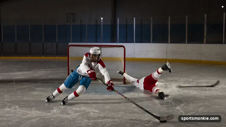 A hockey forward skating hard back toward his own defensive zone to backcheck an opposing rush
