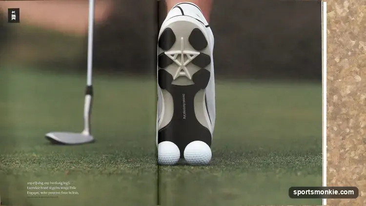Side view of a golf wedge sole showing the bounce angle at address
