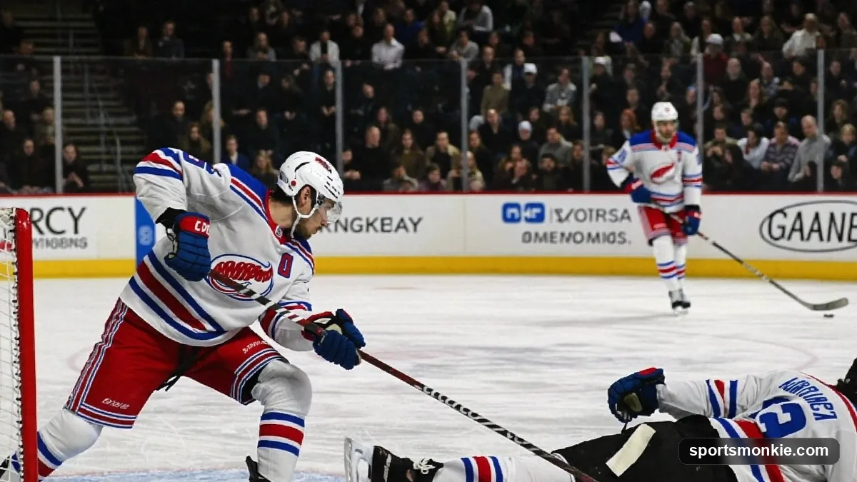 Hockey player cross-checking an opponent with both hands on the stick shaft in front of the net