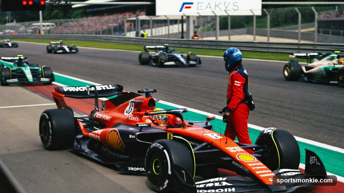 Formula 1 car stopped at the side of the track with a marshal attending as the race continues