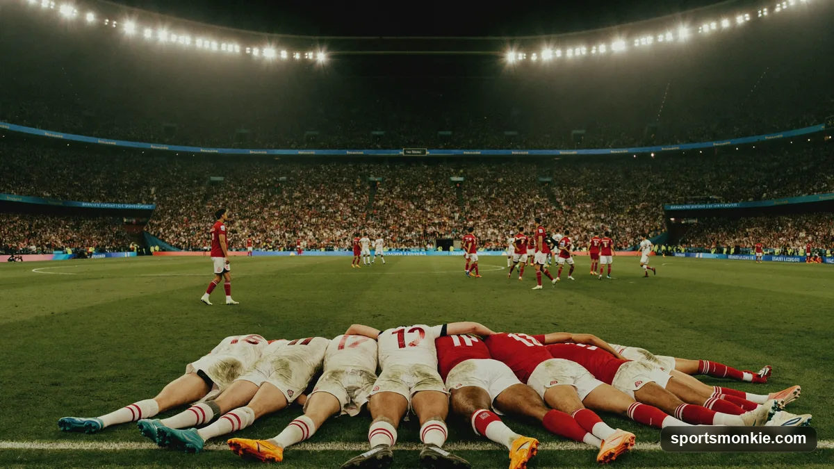 Football players looking exhausted during extra time under floodlights in a packed stadium