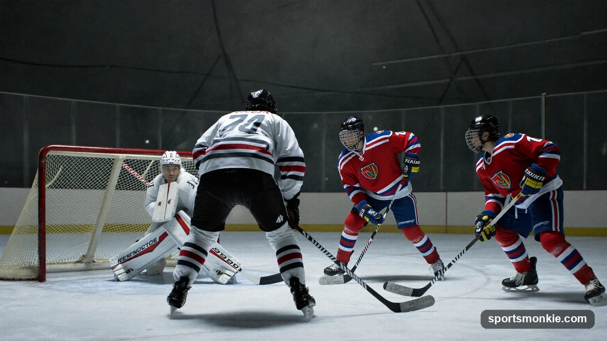 Diagram of hockey forwards pressuring a defenseman behind the net during a forecheck