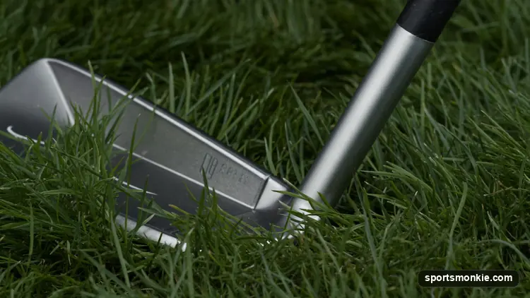 Close-up of an iron's hosel and leading edge resting on turf