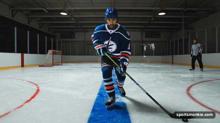 A hockey player crossing the blue line as a linesman watches for offside