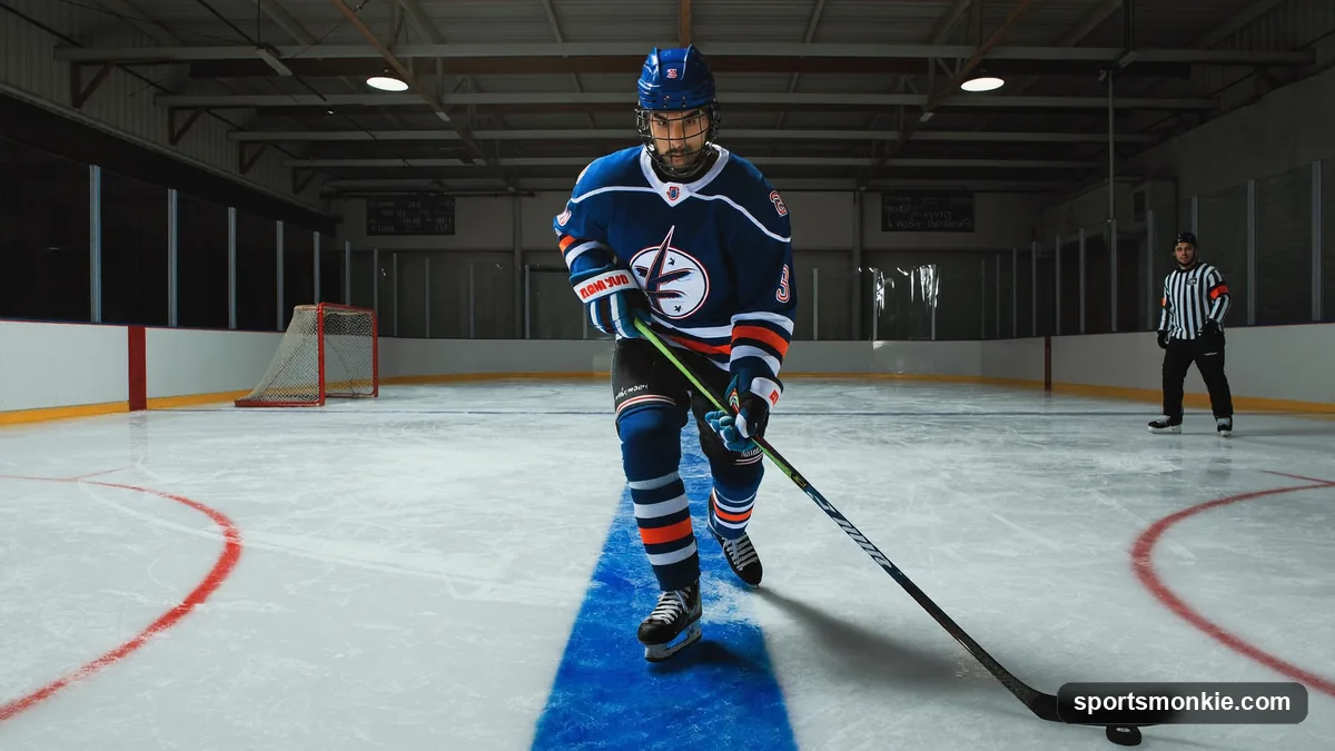 A hockey player crossing the blue line as a linesman watches for offside
