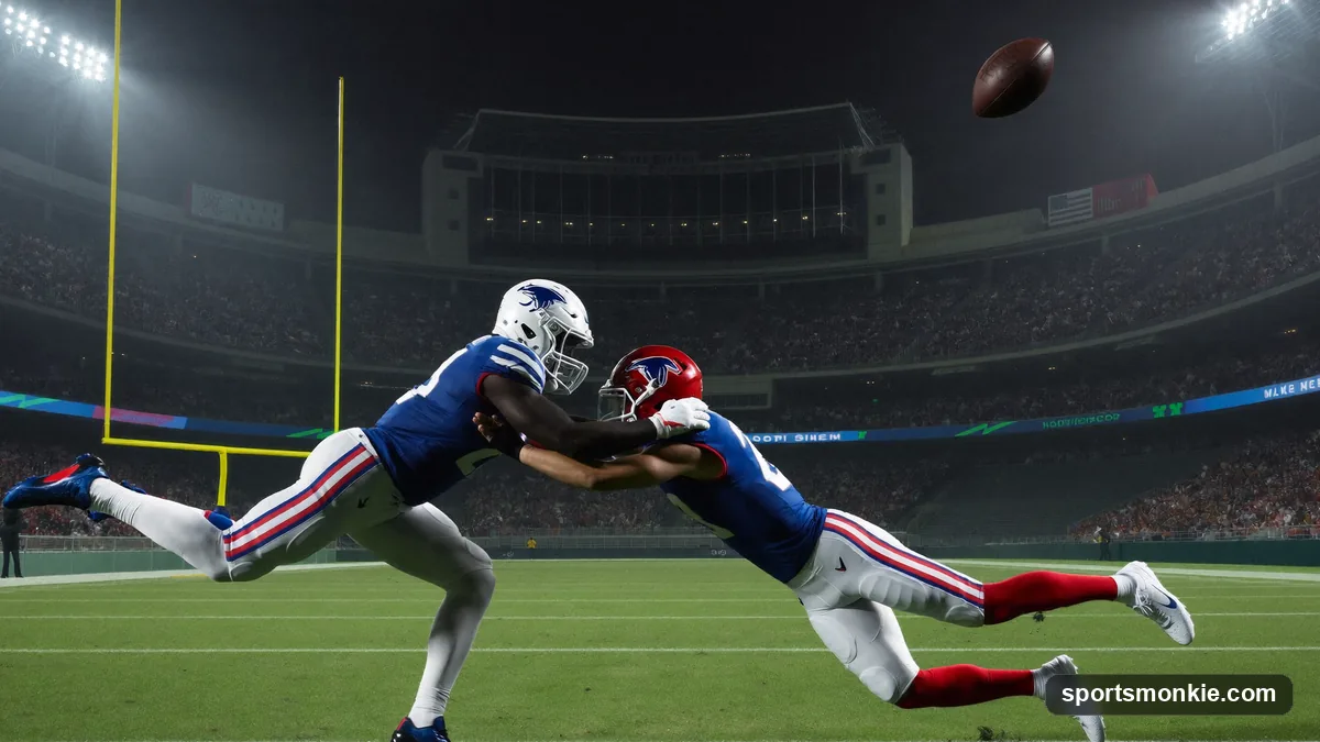 NFL cornerback and wide receiver colliding as they reach for a deep pass in the air
