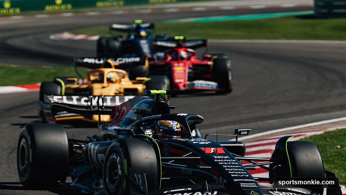 Formula 1 car leading the grid from pole position into the first corner of a race