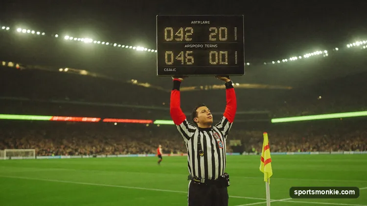 Fourth official holding up an electronic board showing added minutes at the side of a football pitch