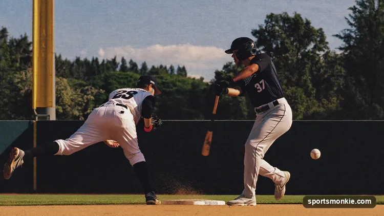 A baseball runner leading off third base watching an outfielder catch a fly ball