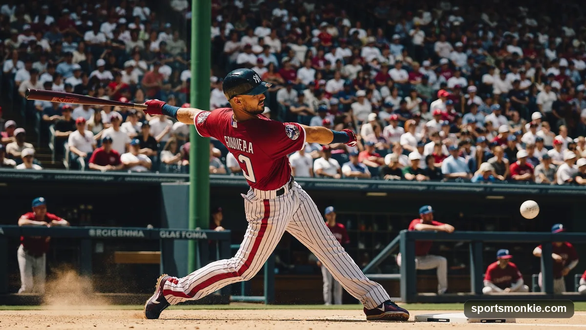 A baseball designated hitter swinging at a pitch during a game