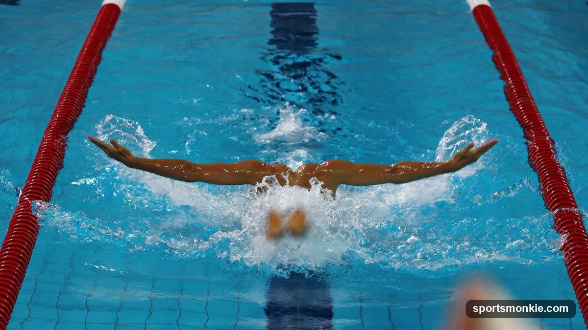 Swimmer transitioning between strokes during an individual medley race in a competition pool