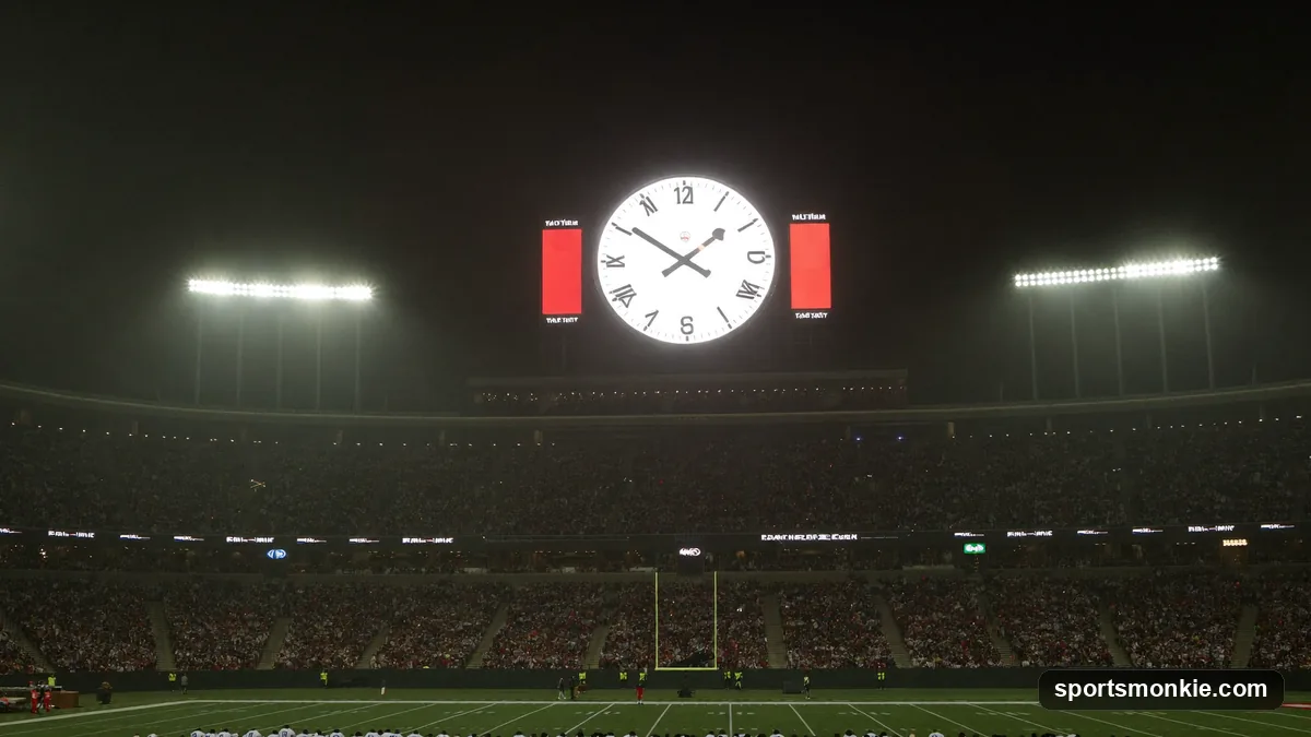 Stadium game clock showing two minutes remaining as an NFL offense huddles