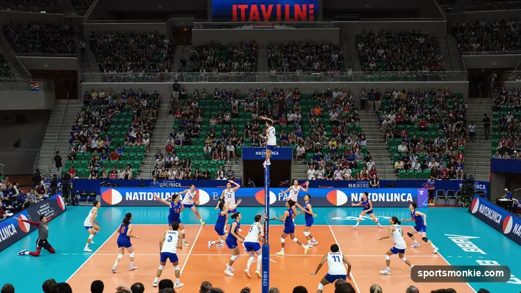 International volleyball teams competing in a packed arena during the Nations League