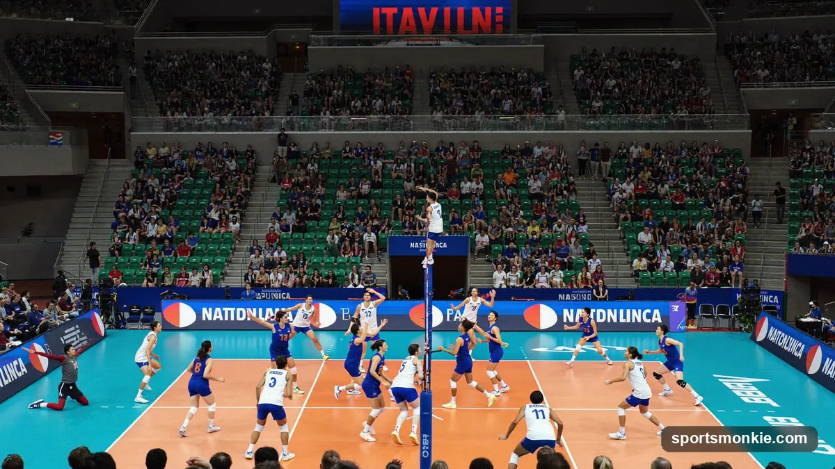 International volleyball teams competing in a packed arena during the Nations League