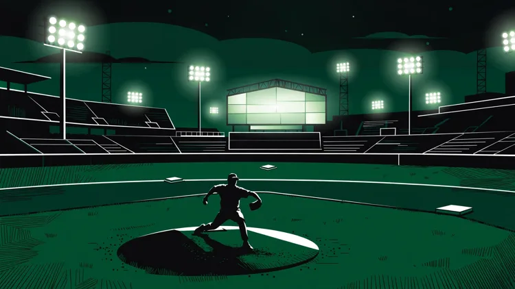 Floodlit baseball stadium at dusk with a silhouetted relief pitcher on the mound, editorial graphic for White Sox vs Guardians ALDS Game 1