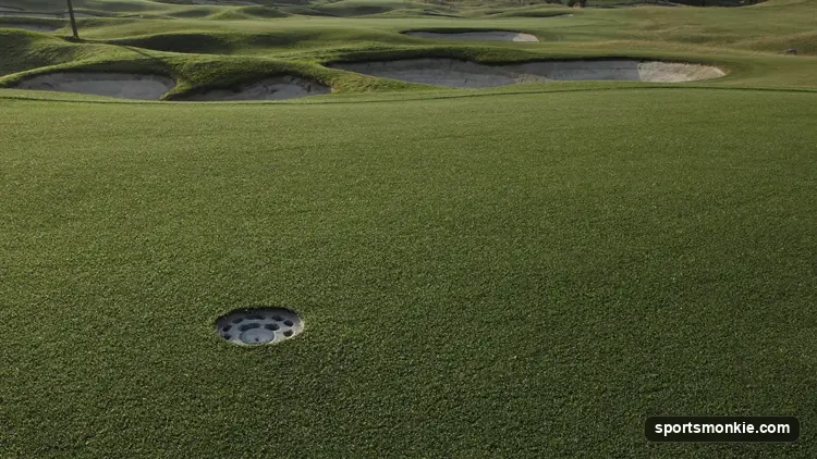 A freshly core-aerated putting green covered with small holes and a light dusting of topdressing sand
