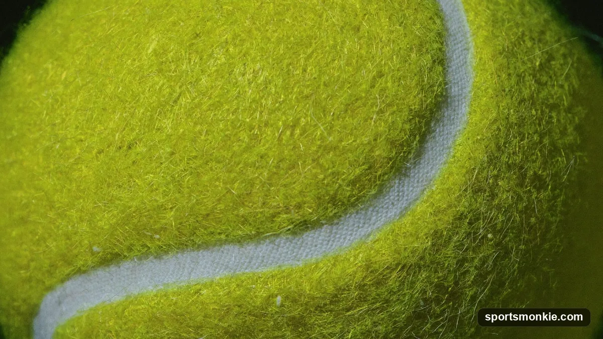Close-up of a fuzzy optic-yellow tennis ball resting on a tennis court, showing the raised wool-nylon nap