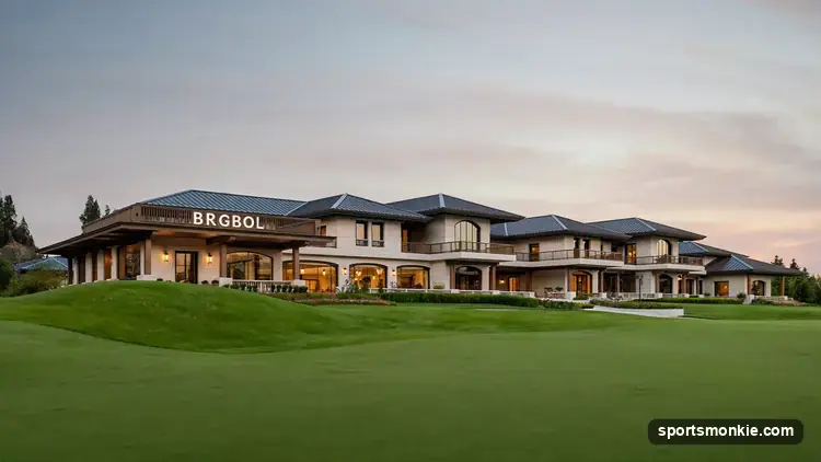 A golfer at an upscale course with clubs, cart and clubhouse, illustrating the many costs of golf