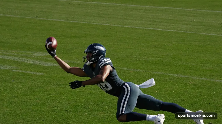 NFL wide receiver running a route downfield during a football game