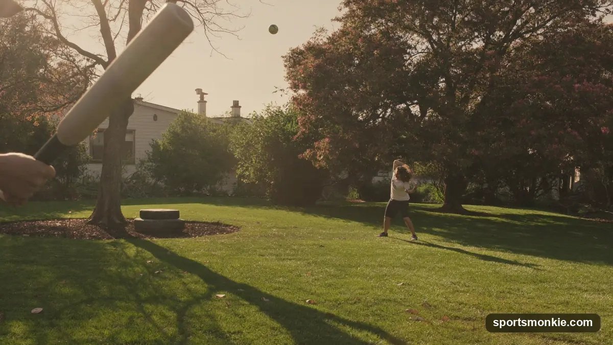 White perforated plastic wiffle ball and a yellow plastic bat on a backyard lawn