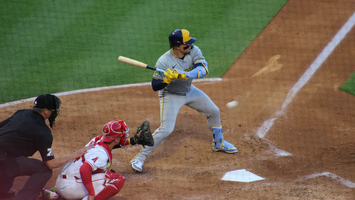 File photo from 18 June 2024: William Contreras in the batter's box in Anaheim. It was not taken at the World Series and does not show the MVP award or his post-game comments.