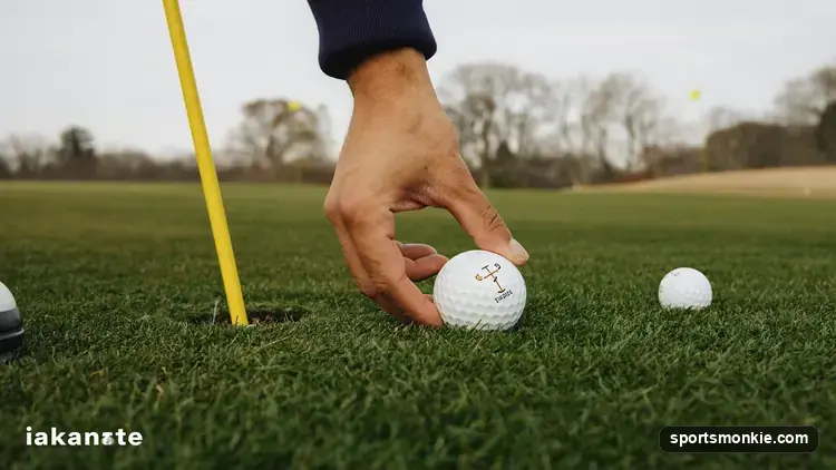 A golf ball being placed by hand on a muddy winter fairway under preferred lies