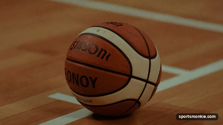 A WNBA basketball beside an NBA basketball showing the difference in size